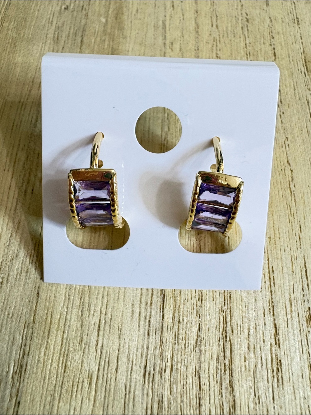Gold-Tone Drop Earrings with Purple Crystal Baguettes